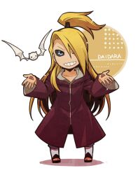 1boy ;d black_sclera blonde_hair blue_eyes character_name coat colored_sclera deidara_(naruto) grin long_hair long_sleeves looking_at_viewer male_focus naruto_(series) naruto_shippuuden ninja one_eye_closed open_mouth ponytail purple_coat simple_background smile solo teeth white_background yosakuh