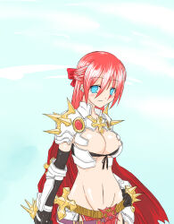 Rule 34 | 1girl, armor, belt, bikini armor, black gloves, blue eyes, blush, breasts, brown belt, cleavage, closed mouth, commentary request, cowboy shot, cross of prontera, elbow gloves, gloves, groin, hair between eyes, large breasts, long hair, looking at viewer, navel, pink hair, rafoll, ragnarok online, rune knight (ragnarok online), smile, solo, spiked gauntlets, spiked pauldrons