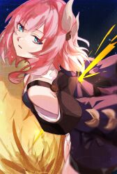 1girl blue_eyes coat commentary_request cyrene_(honkai:_star_rail) gold_blood hair_ornament highres honkai:_star_rail honkai_(series) looking_at_viewer medium_hair pink_hair pink_pupils purple_coat riiiiiiiir000 sky solo star_(sky) starry_sky wheat wheat_field