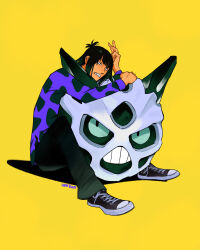 Rule 34 | 1boy, absurdres, akane-banashi, artist name, black shoes, gen 3 pokemon, glalie, highres, katy ho, knees up, long hair, long sleeves, male focus, nerimaya karashi, nintendo, pokemon, pokemon (creature), purple shirt, shirt, shoes, simple background, sitting, sneakers, solo, trait connection, yellow background