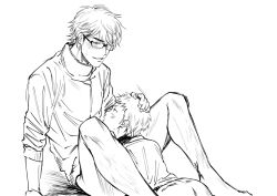 2boys ace_of_diamond body_hair bottomless glasses grin hand_on_head kuramochi_youichi male_focus miyuki_kazuya monochrome multiple_boys shota size_difference smile yaoi