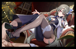 1boy 1girl absurdres asymmetrical_clothes bar_censor black_gloves blue_footwear breasts brown_thighhighs captain_(honkai_impact) censored christmas_tree cleavage_cutout clothing_cutout footjob garter_straps gloves grey_hair hair_between_eyes hand_on_own_knee hetero high_heels highres honkai_(series) honkai_impact_3rd huiqian indoors large_breasts legs long_hair penis pink_eyes shoe_dangle shoejob single_glove single_pantsleg single_thighhigh skindentation solo_focus thighhighs thighs two-footed_footjob very_long_hair vita_(honkai_impact) vita_(lone_planetfarer)_(honkai_impact) window yellow_pupils