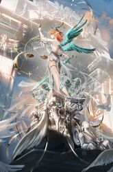 1girl absurdres arch armpits backless_dress backless_outfit balance_scale bird blue_wings day detached_sleeves dress feathered_wings from_below from_side gawako hair_between_eyes highres holding holding_scale holding_sword holding_weapon horns jewelry looking_ahead orange_eyes orange_hair original outdoors platform profile sleeveless sleeveless_dress solo standing statue sword thighlet weapon weighing_scale white_bird white_dress wide_shot wide_sleeves wings