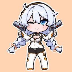 Rule 34 | 1girl, ;), blue eyes, blush, bodysuit, braid, breasts, brown background, chibi, cleavage, closed mouth, commentary request, covered navel, dual wielding, full body, gloves, grey hair, gun, hair between eyes, handgun, highres, holding, holding gun, holding weapon, honkai (series), honkai impact 3rd, kiana kaslana, kiana kaslana (white comet), long hair, low twintails, medium breasts, mokkyo (motkyo), one eye closed, outline, simple background, smile, solo, standing, twin braids, twintails, very long hair, weapon, white bodysuit, white gloves, white outline