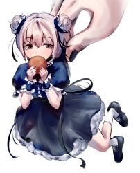 2girls aoba_moca bang_dream! bangjinjin82 black_dress black_nails black_shoes black_wrist_cuffs commentary_request double_bun dress green_eyes grey_hair hair_bun highres korean_commentary mini_person multiple_girls nail_polish shoes short_hair simple_background socks white_background white_socks wrist_cuffs