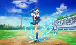 arm_up aura baseball baseball_glove baseball_stadium baseball_uniform belt belt_pouch bike_shorts_under_skirt black_belt black_footwear black_gloves black_hair black_pouch black_shorts black_socks black_undershirt cinderella_series closed_mouth cloud crowd fingerless_gloves full_body game_cg gloves green_eyes hachigatsu_no_cinderella_nine hair_bobbles hair_ornament highres light_brown_hair long_hair low_twintails naoe_tayu neckerchief non-web_source official_art outdoors pink_neckerchief pitching pitching_mound playing_sports pleated_skirt pouch red_eyes satogahama_baseball_uniform shirt shirt_under_shirt short_hair short_sleeves shorts skirt sky smile socks solo_focus sportswear striped_clothes striped_shirt tsukumo_kana twintails umpire vertical-striped_clothes vertical-striped_shirt wristband
