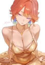 1girl alternate_costume bare_shoulders breasts cleavage dress earrings feather_earrings feathers highres hololive hololive_english jewelry large_breasts mashiro_www necklace orange_hair purple_eyes simple_background solo takanashi_kiara virtual_youtuber white_background yellow_dress