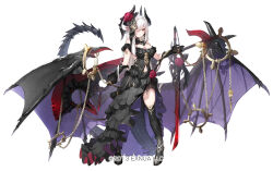 2013 axe black_dress black_footwear black_gloves black_thighhighs black_wings boots breasts chain cleavage clothing_cutout commentary company_name dragon_girl dragon_horns dragon_tail dragon_wings dress earrings elbow_gloves flower frilled_dress frills gloves gold_chain gold_trim hair_over_one_eye holding holding_chain horn_flower horn_ornament horns jewelry large_breasts long_hair looking_at_viewer lotan_(sennen_sensou_aigis) miyase_mahiro multiple_horns navel navel_cutout official_art pigeon-toed pointy_ears purple_wings red_flower red_rose rose sennen_sensou_aigis simple_background spiked_wings standing straight_hair sword tachi-e tail thighhighs weapon white_background white_hair wings yellow_eyes