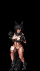 1girl 3d action_taimanin alternate_costume alternate_hair_color animal_ears animated black_hair crotchless curvy dark_skin fake_animal_ears full_body gloves halloween_costume happy highres igawa_sakura jumping lilith-soft navel official_alternate_costume paw_gloves pelvic_curtain revealing_clothes salute shiny_skin short_hair simple_background smile sound straddling tagme taimanin_(series) taimanin_asagi video wide_hips wolf_ears wolf_girl