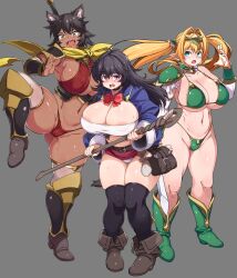 3girls animal_ear_fluff animal_ears areola_slip armor armpits belt belt_pouch bikini bikini_armor black_hair black_thighhighs blonde_hair blue_eyes blush boots breasts brown_hair cat_ears cat_girl cat_tail cleavage dark-skinned_female dark_skin elf embarrassed eyebrows_hidden_by_hair full_body gluteal_fold green_bikini green_boots grey_background hair_between_eyes highres holding holding_staff huge_breasts kawacchi_hirohiro long_hair looking_at_viewer mage_staff multiple_girls navel open_mouth original panties pauldrons pointy_ears pouch purple_eyes purple_robe red_thong robe scroll sharp_teeth short_hair shoulder_armor simple_background single_pauldron slit_pupils staff standing standing_on_one_leg stomach sweat swimsuit tail teeth thighhighs twintails underwear vambraces white_panties wide_hips yellow_eyes