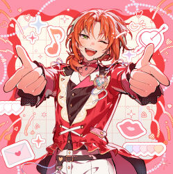 1boy ;d absurdres arrow_through_heart belt bishounen black_belt black_shirt border brooch choker cowboy_shot cross-laced_jacket ensemble_stars! fangs finger_gun foreshortening green_eyes grid_background heart heart_brooch highres index_finger_raised jacket jewelry kawai_irori long_hair long_sleeves looking_ahead looking_at_viewer male_focus musical_note official_alternate_costume one_eye_closed open_mouth orange_hair outside_border outstretched_arms pants parted_bangs pink_border red_jacket shirt side_ponytail smile solo tailcoat teeth tsukinaga_leo upper_teeth_only white_pants