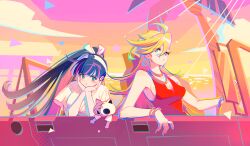 2girls :t absurdres angry bangle blonde_hair blue_eyes blue_nails blush bracelet breasts bright_pupils car colored_inner_hair commentary_request dechel dress driving earrings evening fingernails floating_hair grin hair_between_eyes hairband hands_on_own_cheeks hands_on_own_face highres honekoneko_(psg) hoop_earrings jewelry long_hair medium_breasts motor_vehicle multicolored_hair multiple_girls orange_sky outdoors palm_tree panty_&amp;_stocking_with_garterbelt panty_(psg) pink_hair pink_sky pout purple_hair red_dress red_nails right-hand_drive shirt siblings sisters sky sleeveless sleeveless_dress smile stocking_(psg) streaked_hair stuffed_animal stuffed_cat stuffed_toy tree two-tone_hair v-shaped_eyebrows very_long_fingernails very_long_hair white_hairband white_pupils white_shirt