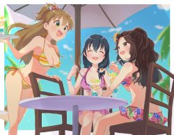 3girls ariura_kanna armpits ass back barefoot beach beach_umbrella bikini bikini_skirt black_hair blonde_hair breasts brown_hair chair chobota cleavage clenched_hands closed_eyes eating eyelashes feet female_focus fingernails flower flower_on_head food friends frilled_bikini frills fujiwara_hajime green_eyes hair_between_eyes hair_ornament hand_up happy hippie idolmaster idolmaster_cinderella_girls legs long_hair looking_at_another makihara_shiho medium_breasts medium_hair midriff multicolored_bikini multiple_girls namco navel neck official_alternate_costume open_mouth outdoors parfait parted_bangs pink_bikini ponytail side-tie_bikini_bottom sitting sky smile spoon summer sunlight swimsuit table thighs umbrella wavy_hair yellow_eyes