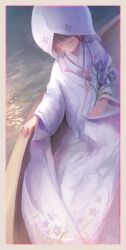 1girl alternate_costume boat border brown_hair commentary_request floral_print floral_print_kimono flower flower_request hakurei_reimu highres japanese_clothes karaqia kimono long_sleeves on_boat print_kimono purple_flower shiromuku solo touhou uchikake water watercraft white_kimono wide_sleeves