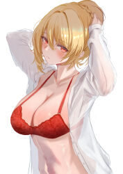 Rule 34 | 1girl, absurdres, angelica rapha redgrave, ann (enye5842), arms up, blonde hair, blush, bra, braid, braided bun, breasts, cleavage, closed mouth, collarbone, commission, dress shirt, female focus, hair bun, hair intakes, hairdressing, head tilt, highres, holding, holding own hair, lace, lace bra, large breasts, leaning forward, linea alba, long sleeves, looking at viewer, open clothes, open shirt, otome game sekai wa mob ni kibishii sekai desu, pixiv commission, red bra, red eyes, see-through clothes, see-through shirt, shiny skin, shirt, short hair, simple background, single hair bun, solo, unbuttoned, unbuttoned shirt, underwear, upper body, white background, white shirt