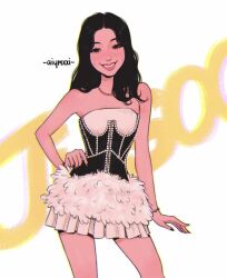 1girl aiym_a_(aiymxxi_) artist_name artist_name_(singer) bare_shoulders black_hair black_nails blackpink bracelet commentary corset dress gay hand_on_own_hip highres jewelry jisoo_(blackpink) k-pop long_hair looking_at_viewer necklace pink_lips real_life smile solo white_dress