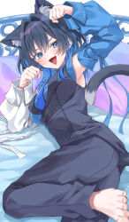 :d absurdres armpits asymmetrical_sleeves barefoot black_pants black_vest blue_eyes blue_hair blue_necktie blue_shirt blue_sleeves blue_vest breasts collared_shirt colored_inner_hair detached_sleeves fangs hair_intakes hands_up highres hololive hololive_english large_breasts looking_at_viewer lying medium_hair military_uniform mismatched_sleeves mogu_(au1127) multicolored_hair necktie official_alternate_costume official_alternate_hairstyle on_bed on_side open_mouth ouro_kronii ouro_kronii_(4th_costume) pants paw_pose shirt sidelocks sleeveless sleeveless_shirt smile teeth toes upper_teeth_only vest virtual_youtuber white_sleeves wolf_cut