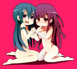 2girls bandages blue_hair brown_eyes danganronpa:_trigger_happy_havoc danganronpa_(series) danganronpa_2:_goodbye_despair deformed finger_in_another&#039;s_mouth full_body hair_ornament hairclip holding_hands kneeling long_hair maizono_sayaka multiple_girls nude open_mouth pink_background purple_eyes sakaduki_chako simple_background tsumiki_mikan very_long_hair