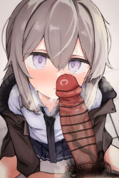 1boy 1girl absurdres bar_censor black_necktie blush breath censored commentary_request erection girls&#039;_frontline grey_hair h.yasai hair_between_eyes heavy_breathing hetero highres looking_at_viewer m200_(girls&#039;_frontline) male_pubic_hair necktie parted_lips penis pov pov_crotch pubic_hair purple_eyes shirt smelling smelling_penis solo_focus sweat textless_version veins veiny_penis white_shirt