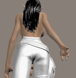 1futa 3d animated animated_gif ass back black_hair breasts dark_skin elf futanari large_breasts long_hair lowres pants penis pointy_ears solo testicles topless_female walking