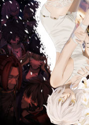 3girls 4boys absurdres bandages bandaged_arm bandages bare_shoulders breasts brown_eyes brown_hair code_vein collared_shirt commentary_request dress eva_roux fur_hat glowing glowing_eyes green_eyes hair_between_eyes hat highres huge_filesize io_(code_vein) jack_rutherford large_breasts looking_at_viewer louis_(code_vein) mia_karnstein multiple_boys multiple_girls nana_choco protagonist_(code_vein) red_hair scar scar_on_face shirt short_hair sleeveless sleeveless_dress vampire white_dress white_hair yakumo_(code_vein) yellow_eyes