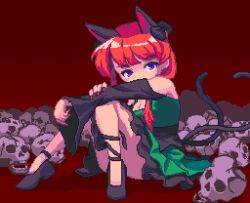 Rule 34 | 1girl, adapted costume, animal ears, bare shoulders, black bow, black ribbon, black shoes, bow, breasts, cat ears, cat girl, cleavage, commentary, dress, extra ears, fingernails, frilled dress, frills, full body, green dress, hair bow, kaenbyou rin, leg ribbon, long fingernails, looking at viewer, pixel art, potemki11, red background, red eyes, red hair, red nails, ribbon, shoes, sitting, skull, solo, touhou