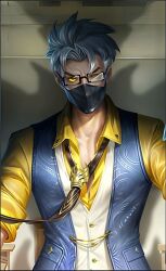1boy blue_hair face_in_ass hanzo_(mobile_legends) highres magic male_focus orange_eyes