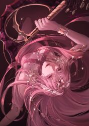 Rule 34 | 1girl, absurdres, bare legs, bracelet, chakram, chinese commentary, commentary, crescent, crescent hair ornament, diffraction spikes, dress, floating hair, glitter makeup, gold bracelet, gold ring, gold weapon, gradient background, hair between eyes, hair ornament, headpiece, heibai bangbing, highres, holding, holding weapon, jasmine (path to nowhere), jewelry, light particles, long hair, looking at viewer, lower teeth only, midair, open mouth, path to nowhere, pink dress, pink eyes, pink hair, pink theme, red background, ring, signature, sleeveless, sleeveless dress, solo, teeth, upside-down, very long hair, weapon
