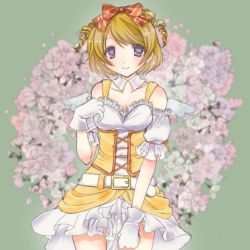 Rule 34 | 1girl, alternate hairstyle, angel wings, artist name, artist request, bare shoulders, belt, blush, bow, breasts, brown hair, collarbone, corset, cross-laced clothes, cross-laced dress, curly hair, dancing stars on me!, detached sleeves, dress, drill hair, female focus, flower print, frilled dress, frills, gloves, green background, hair between eyes, hair bow, hairband, highres, koizumi hanayo, looking at viewer, love live!, love live! school idol festival, love live! school idol project, medium breasts, miniskirt, orange ribbon, parted lips, plaid clothes, plaid dress, plaid skirt, pleated, pleated dress, pleated skirt, puffy short sleeves, puffy sleeves, purple eyes, red hairband, ribbon, short hair, short sleeves, skirt, smile, solo, striped bow, white belt, white dress, white gloves, white legwear, white skirt, white wings, wing collar, wings, yellow corset, yellow dress