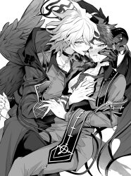 Rule 34 | 2boys, ahoge, aroused, bare pectorals, bat wings, between legs, blush, chain, chain leash, coat, collar, collarbone, collared shirt, commentary request, curled horns, danganronpa (series), danganronpa 2: goodbye despair, demon boy, demon horns, demon tail, demon wings, dress pants, feathered wings, fluffy hair, frown, furrowed brow, gloves, greyscale, groping, halo, hand on another&#039;s cheek, hand on another&#039;s chest, hand on another&#039;s face, hand on another&#039;s wrist, heavy breathing, highres, hinata hajime, holding, holding chain, holding leash, hood, hood down, hooded coat, horns, komaeda nagito, leash, leg between thighs, long coat, long sleeves, looking at viewer, loose necktie, male focus, monochrome, multiple boys, multiple wings, necktie, nose blush, official alternate costume, open clothes, open coat, open shirt, pectorals, priest, raised eyebrows, saliva, saliva trail, shirt, short hair, simple background, steam, stole, sweat, sweatdrop, tail, tail around arm, tail between legs, tongue, tongue out, v-shaped eyebrows, very short hair, white background, wings, yaoi, yumeyume 2z