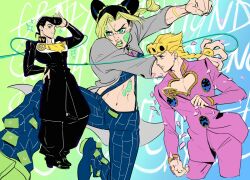 1girl 2boys arrow_(jojo) black_hair blonde_hair braid cleavage_cutout clothing_cutout cone_hair_bun crop_top curly_hair diamond_wa_kudakenai double_bun fighting_stance gakuran giorno_giovanna green_eyes green_hair green_lips green_nails hair_bun hakmonss higashikata_josuke jacket jojo_no_kimyou_na_bouken kuujou_jolyne ladybug_ornament ladybugs lipstick makeup midriff multicolored_hair multiple_boys petals pompadour puffy_pants school_uniform sparkle spider_web_print stone_free stone_ocean string two-tone_hair vento_aureo