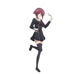 10s 1girl black_dress black_serafuku black_thighhighs bow bowtie chaos;child collarbone dress female_focus full_body holding leg_up looking_at_viewer official_art onoe_serika red_bow red_bowtie red_eyes red_hair school_uniform serafuku short_dress short_hair_with_long_locks sidelocks silver_link simple_background smile solo standing thighhighs white_background zettai_ryouiki