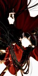 1girl black_coat black_hair black_pants cape coat collared_cape crest debg0423 family_crest fate/grand_order fate_(series) gloves glowing hand_on_own_face hat highres holding holding_smoking_pipe koha-ace long_hair looking_at_viewer medallion military_hat military_uniform oda_nobunaga_(fate) oda_uri pants peaked_cap red_cape red_eyes reflection shadow smoking_pipe solo underlighting very_long_hair white_background white_gloves