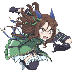 1girl animal_ears black_gloves brown_eyes brown_hair dress gloves green_dress highres horse_ears horse_girl horse_tail king_halo_(umamusume) open_mouth running sakata_s2023 simple_background solo tail umamusume white_background
