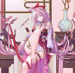 barefoot bell braid branch breasts cherry_blossoms chinese_clothes chinese_commentary cleavage commentary_request diamond-shaped_pupils diamond_(shape) dress elf elysia_(herrscher_of_human:_ego)_(honkai_impact) elysia_(honkai_impact) elysia_(peachy_spring)_(honkai_impact) feet flower foot_focus hair_bell hair_flower hair_ornament hair_spread_out holding holding_with_feet honkai_(series) honkai_impact_3rd jar large_breasts long_hair long_sleeves looking_at_viewer misheng_liu_yin official_alternate_costume pink_hair pointy_ears puffy_long_sleeves puffy_sleeves purple_eyes red_dress single_braid sitting smile soles symbol-shaped_pupils thigh_strap toes very_long_hair