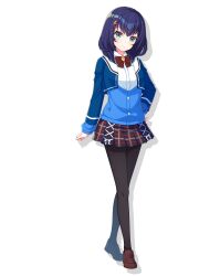 1girl black_hair blue_eyes blue_hair bow full_body hair_ornament highres jacket loafers looking_at_viewer official_art pantyhose plaid_clothes plaid_skirt pleated_skirt school_uniform shizuka_(world_dai_star) shoes skirt solo standing transparent_background world_dai_star