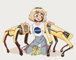 Rule 34 | 1girl, :d, bag, battery, bigdog, black hair, bob cut, boston dynamics, breasts, bright pupils, brown eyes, carles dalmau, denim, full body, grey pants, highres, jeans, kneeling, logo, looking at object, multicolored hair, multicolored shoes, nasa logo, nervous, nervous smile, nervous sweating, open mouth, pants, parted lips, petting, print shirt, red shoes, reverse-jointed legs, robot, roots (hair), shirt, shoes, short hair, short sleeves, small breasts, smile, sneakers, solo, spread legs, sweat, t-shirt, two-tone hair, two-tone shoes, wavy hair, white eyes, white pupils, white shirt, white shoes