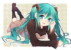 Rule 34 | 1girl, bad id, bad pixiv id, dress, female focus, green hair, hatsune miku, long hair, lying, on stomach, ryuuga sazanami, scrunchie, socks, solo, twintails, vocaloid