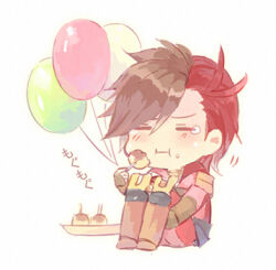 1boy :i =_= balloon brown_gloves brown_hair chibi chibi_only eating fingerless_gloves food gloves holding holding_food lowres male_focus multicolored_hair red_hair sengoku_basara shima_sakon_(sengoku_basara) short_hair simple_background sitting solo takoyaki tears toruglose two-tone_hair white_background