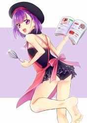 1girl apron artistic_error ass bad_feet bad_id bad_pixiv_id bare_shoulders barefoot blush book fate/grand_order fate_(series) female_focus hat helena_blavatsky_(fate) looking_at_viewer looking_back migihiko open_mouth panties pantyshot purple_eyes purple_hair short_hair sketch smile solo standing standing_on_one_leg underwear whisk wrong_foot