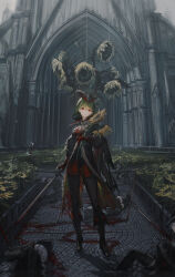 1girl black_socks church green_hair highres holding holding_weapon kazami_yuuka kumatangent red_eyes short_hair socks solo touhou weapon