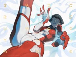 Rule 34 | 1girl, artist name, aurahack, black hair, blue eyes, blue lips, bodysuit, breasts, commentary, english commentary, highres, operator (warframe), short hair, solo, two-tone bodysuit, warframe