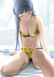 1girl absurdres bare_legs barefoot bed_sheet black_hair blunt_bangs blush bra breasts cleavage closed_eyes commentary_request commission foreshortening highres idolmaster idolmaster_million_live! indoors kitakami_reika lingerie long_hair medium_breasts navel panties pixiv_commission sitting smile solo stomach tama_(tamago) twintails underwear underwear_only very_long_hair yellow_bra yellow_panties