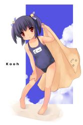 :3 barefoot black_hair blanket feet fhara flat_chest kooh loli one-piece_swimsuit pangya papel red_eyes school_swimsuit solo swimsuit twintails