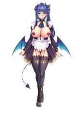 1girl arms_at_sides blue_eyes blue_hair blush boku_ga_incubus_ni_naru_tame_ni_kyou_kara_succubus_to_lesson_shimasu boots breasts breasts_out cameltoe cleft_of_venus demon_horns demon_tail demon_wings feet female_focus frills full_body game_cg garter_straps groin highres horns large_breasts legs long_hair looking_at_viewer maid maid_headdress matching_hair/eyes mole mole_under_eye original panties pasties pussy revealing_clothes selam_(boku_ga_incubus_ni_naru_tame_ni_kyou_kara_succubus_to_lesson_shimasu) shiokonbu side_ponytail simple_background skirt smile solo standing tachi-e tail thighhighs thighs transparent_background underwear wings