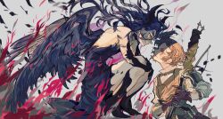 2girls absurdres black_hair black_wings brown_hair demon_horns face-to-face feathered_wings gloves hands_on_own_legs highres holding holding_sword holding_weapon horns kamisaki_hikaru looking_at_another medalist_(manga) multiple_girls smile squatting sword weapon weibo_6327088798 wings yellow_eyes yuitsuka_inori