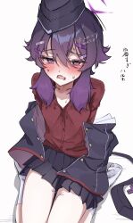 1girl artist_name black_hat black_jacket black_skirt blue_archive blush dated garrison_cap hair_between_eyes hair_ornament hairclip halo haruka_(blue_archive) hat highres jacket kasunokori looking_at_viewer necktie no_shoes open_mouth pleated_skirt purple_eyes purple_hair purple_halo red_shirt shirt simple_background sitting skirt socks solo translation_request unworn_necktie white_background white_socks