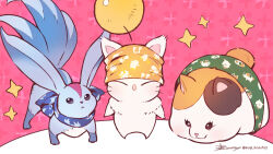 bandana bandana_around_neck blue_bandana calico_(pattern) calico_cat carbuncle_(final_fantasy) cat fat_cat_(ff14) final_fantasy final_fantasy_xiv green_bandana moogle mugi_kosuta no_humans signature twitter_username yellow_bandana