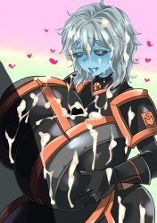1boy 1girl after_paizuri anasteria armor black_sclera blue_skin blush breasts breasts_squeezed_together censored clothed_paizuri colored_sclera colored_skin cum cum_in_mouth cum_on_armor cum_on_body cum_on_clothes cum_on_hair cum_on_tongue facial gauntlets green_eyes grey_hair grim_dawn heart heart-shaped_pupils hetero highres huge_breasts kodainosinpi open_mouth paizuri paizuri_over_clothes short_hair shoulder_pads symbol-shaped_pupils tongue tongue_out