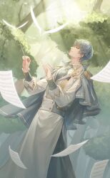 1boy aiguillette artist_request bird black_necktie cape coat collared_coat conductor_baton dappled_sunlight day epaulettes feet_out_of_frame floating_paper forest grey_cape grey_eyes grey_hair hair_between_eyes half-closed_eyes happy highres holding_baton leaning_back light_particles looking_at_viewer male_focus modric_(shining_nikki) nature necktie nikki_(series) official_art outdoors parted_lips pointy_ears second-party_source sheet_music shining_nikki shirt short_hair simple_bird smile solo sunlight tree white_bird white_coat white_shirt